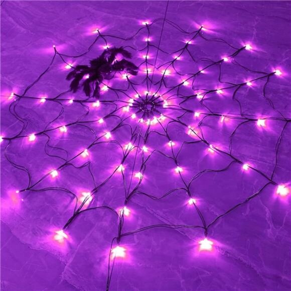 Halloween 80 LED Spider Web Lights with Spider, Battery Powered 8 Modes Light up - Picture 1 of 8